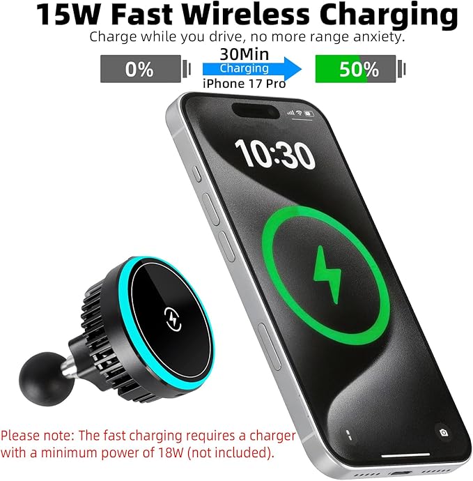 15W Magnetic Wireless Charging Phone Holder Base for RAM Mounts - TEC and Fan Dual Cooling - 1" (25mm) Ball Mount with Short Aluminum Arm, Compatible with Magsafe iPhone 17/16/15/14/13/12 Series