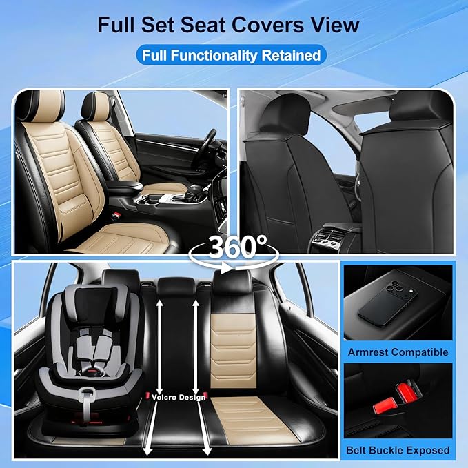 Fit Prologue Car Seat Covers for Select Honda Prologue 2024-2026 - Premium Full Coverage Leather, Airbag Compatible, Waterproof & All Weather Seat Cushion Protector, Front Pair Black+Beige