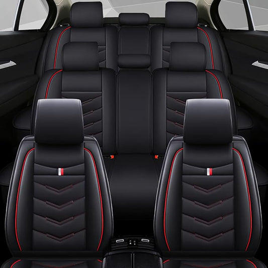 Car Seat Cover 7 Seats for Ford Explorer 2000-2025, Waterproof Durable Compatible Airbag, Premium Leather Seat Protector(7 Seats Standard,Black Red)