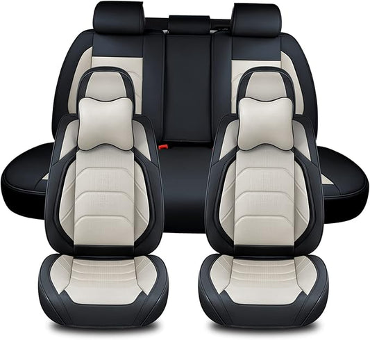 Car Seat Covers Full Set, Breathable Nappa Leather Car Seat Cushions, Auto Interiors Universal Fit for Most Cars, Compatible Automotive Vehicles(Sedan/SUV/Van), Black & White
