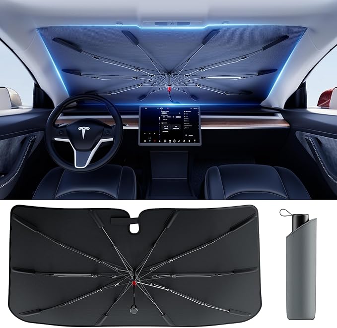 DMJN Umbrella Windshield Sun Shade for Tesla New Model Y Juniper, Y & 3, Car Sunshade for Front Windshield [Nano Ice-Crystal Coatings] UPF50+ Heat & UV Block, Protect Interior & Keep Cooler
