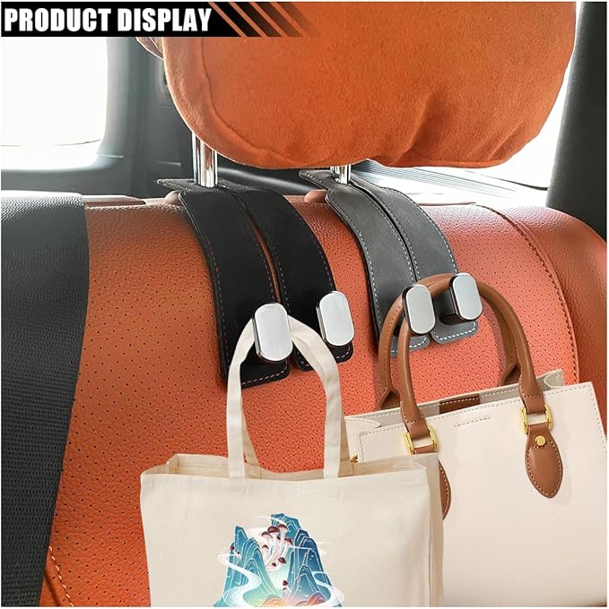 Car Seat Back Double Hooks for Headrest, Leather Car Back Seat Hooks for Purse and Bags, Upgraded 2 in 1 Purse Hook for Car Seat, Universal Vehicle Headrest Hangers for Car, Home (Black, 1PC)