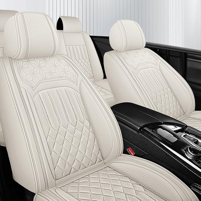 Car Seat Covers for Genesis GV70 2022-2025 2026, Full Set Nappa Leather Waterproof Breathable Anti-Slip Airbag Compatible Car Seats Protector, Car Interior Seats Cover (Beige,+Pillow)