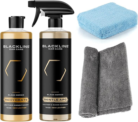 Blackline Leather Cleaner and Conditioner Care Kit with Microfiber Towel and Applicator Pad, Gentle APC and Leather Rehydrate, 2 16 Fl Oz Bottles for Leather Car Interiors