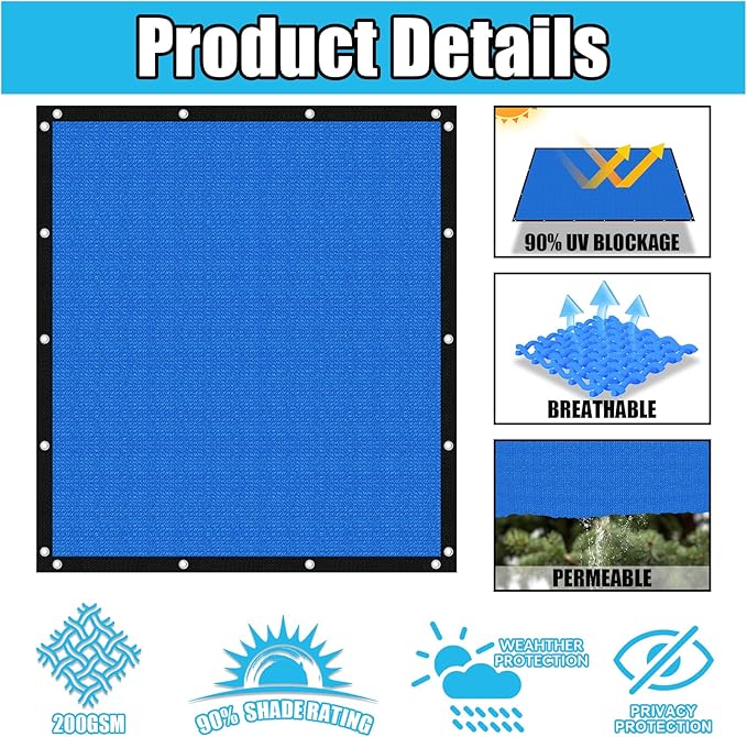 Amagenix 90% Pergola Shade Cover 7' X 15' Sun Shade Cloth with Grommets for Outdoor Garden Patio Porch, Commercial Grade 200 GSM - Cable Zip Ties Included (We Customized) GN108, Blue