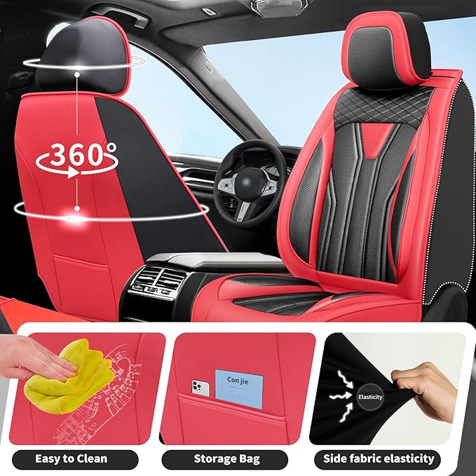 Fit Juke Car Seat Covers Compatible with Nissan Juke 2012-2015 2016 - Premium Leather， Waterproof Breathable， All-Weather Seat Cushion Protecto&Airbag Compatible (2 Front Seat Red&Black)