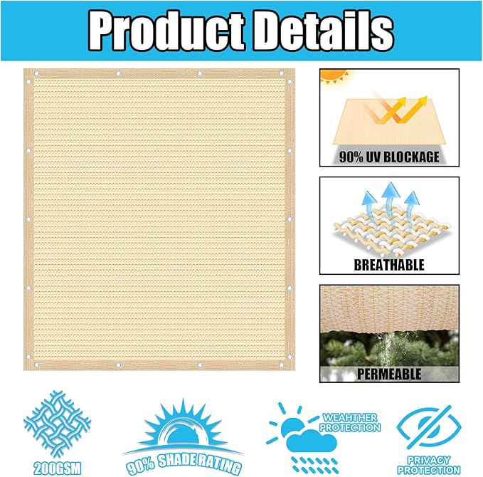 Amagenix 90% Pergola Shade Cover 4' X 15' Sun Shade Cloth with Grommets for Outdoor Garden Patio Porch, Commercial Grade 200 GSM - Cable Zip Ties Included (We Customized) GN108, Wheat