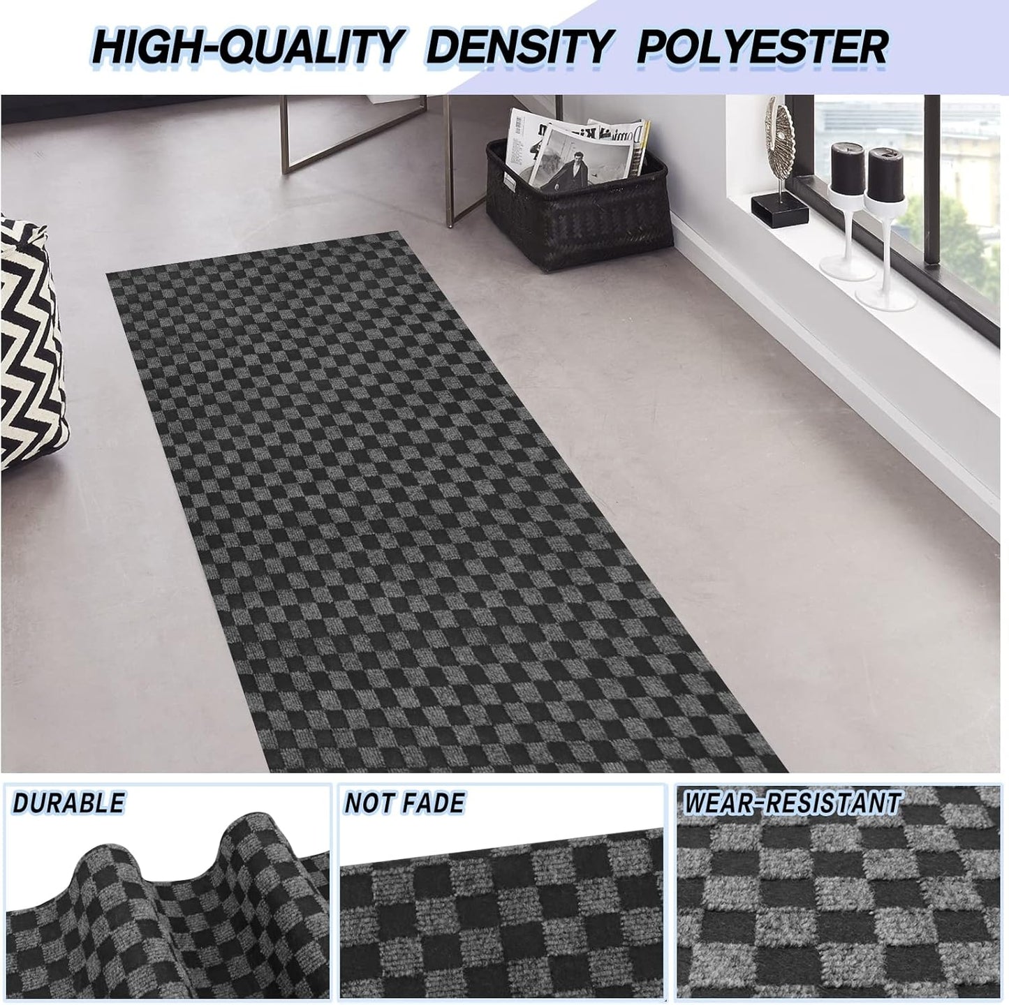 Custom Size Backed Non-Slip Area Rugs Runner, Easy Clean, Waterproof Runner Rugs for Hallway Entryway, Kitchen, Laundry, 4FT x 63FT, Gray Checkered