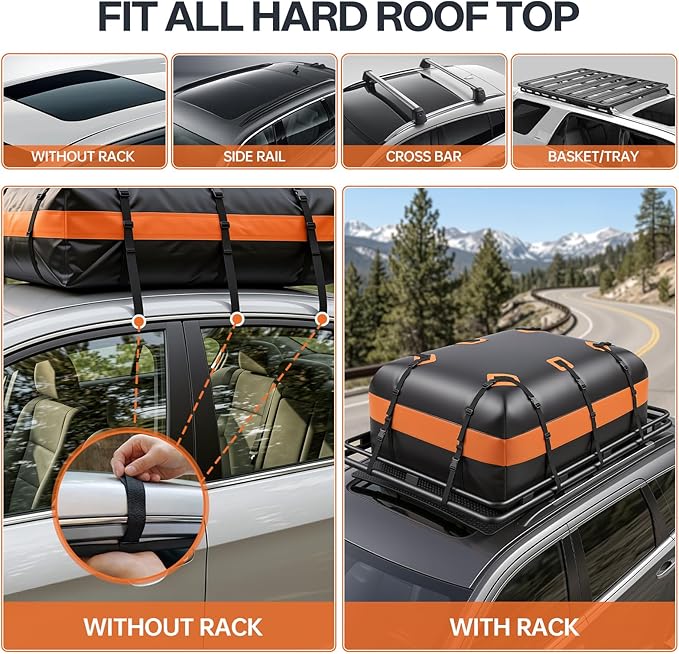 Car Rooftop Cargo Carrier Bag, 15 Cubic Feet Waterproof Heavy Duty Roof Bag with 8 Reinforced Straps & Combination Lock, Soft Shell PVC Car Top Luggage Carrier for SUV Truck RV, Travel Camping Storage