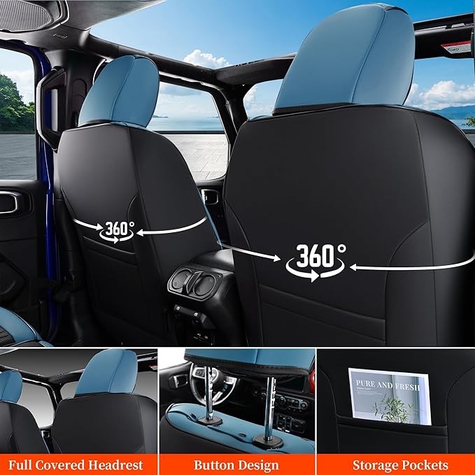 Coverado Wrangler JK Seat Covers 4 Door for Jeep, Waterproof Leather Car Seat Cover for Jeep Wrangler Vehicle Truck Accessories Custom Fit for 2008-2012 Jeep Wrangler Seat Covers Full Coverage(Blue)