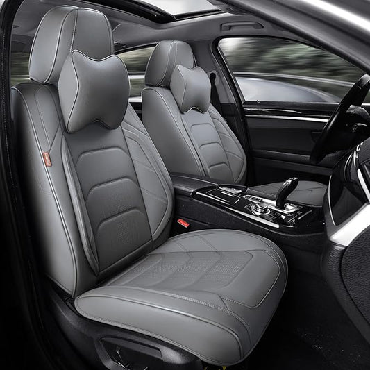 Grey Car Seat Covers Front Pair, Breathable Leather Automotive Front Seat Covers & Headrest for Reduce The Driving Fatigue, Compatible with Most Cars Sedans SUV Pickup Trucks