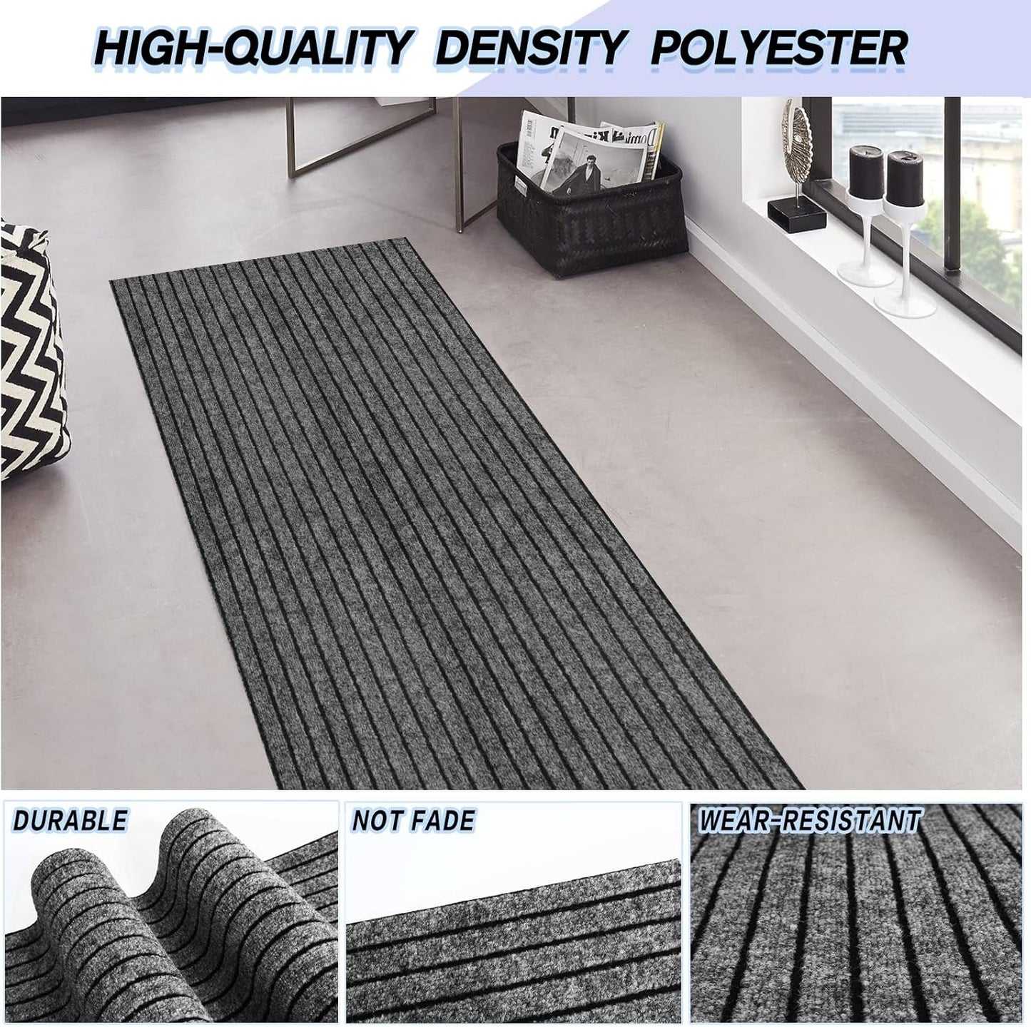 Custom Size Backed Non-Slip Area Rugs Runner, Easy Clean, Waterproof Runner Rugs for Hallway Entryway, Kitchen, Laundry, 4FT x 52FT, Gray Stripe