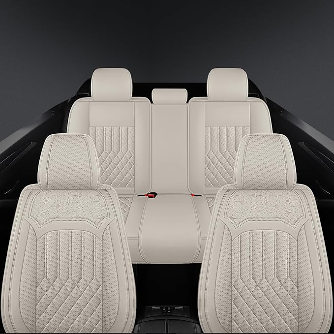 Car Seat Covers for Genesis GV70 2022-2025 2026, Full Set Nappa Leather Waterproof Breathable Anti-Slip Airbag Compatible Car Seats Protector, Car Interior Seats Cover (Beige,+Pillow)