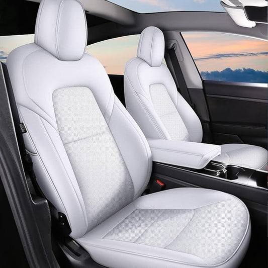 AOMSAZTO Car Seat Cover for Tesla Model Y 2020 2021 2022 - Full Set Customized White Seat Covers (with Armrest Cover)