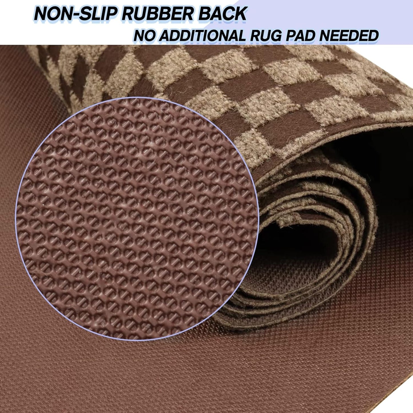 Custom Size Backed Non-Slip Area Rugs Runner, Easy Clean, Waterproof Runner Rugs for Hallway Entryway, Kitchen, Laundry, 2FT x 9FT, Brown Checkered