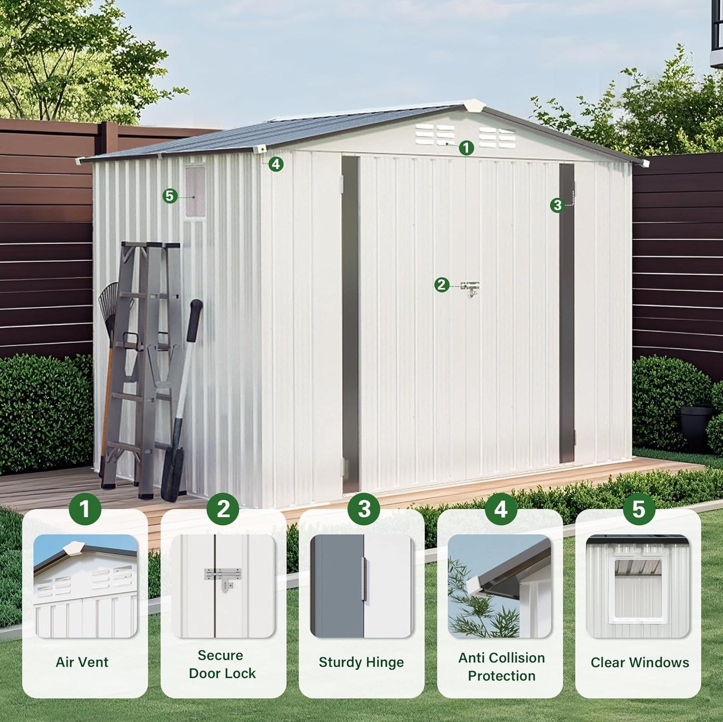 8X6 FT Outdoor Storage Shed with Window, Metal Garden Sheds w/Lockable Door and Vents, Waterproof Steel Tool House for Backyard, Patio, Lawn, Sundries & Utility Storage, White