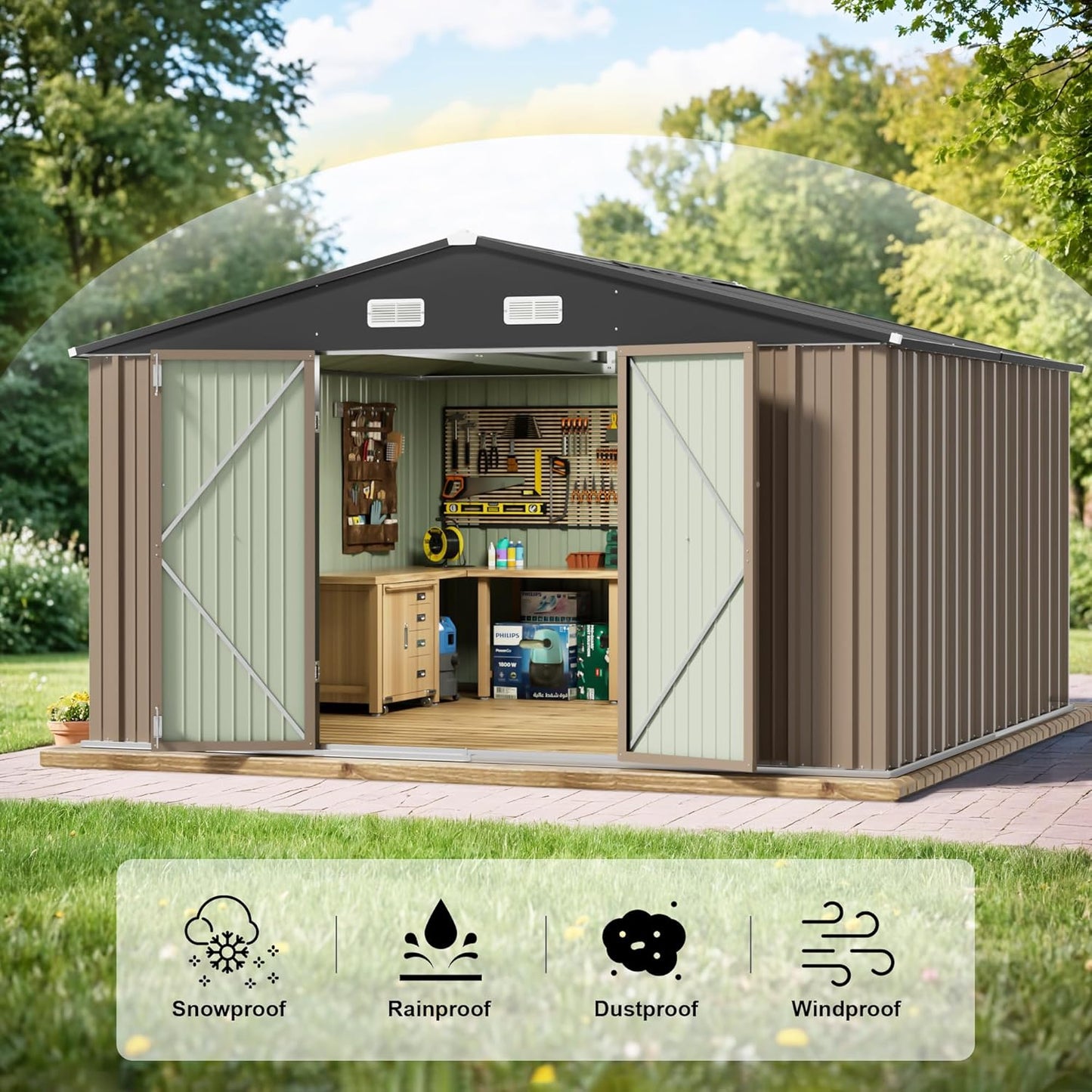 JUMMICO 8 x 10 FT Outdoor Storage Shed, Large Metal Garden Shed & Tool Sheds for Backyard Garden Patio Lawn (Brown)