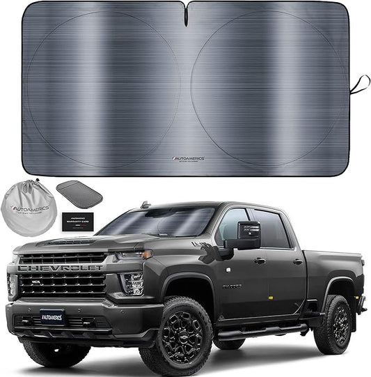 Autoamerics 1-Piece Windshield Sun Shade - Metallic Gray Foldable Car Front Window Sunshade for Most Cars SUV Truck Heat Blocker Visor Protector Blocks Max UV Rays and Keeps Your Vehicle Cool - Large