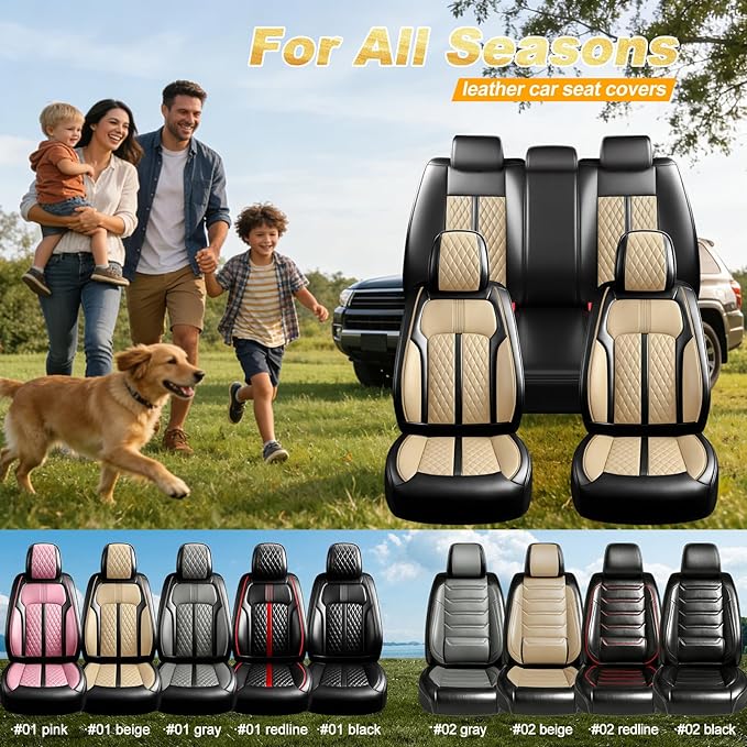 Car Seat Covers for Select Honda Fit 2007-2020, Premium Full Coverage Leather, Airbag Compatible& Scratch-Resistant, Waterproof & All Weather Breathable Seat Protector, Full Set, Black+Beige