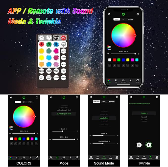 CHINLY 32w Twinkle 800pcs 0.03in 13.1ft Bluetooth RGBW LED Fiber Optic Star Ceiling Light,APP/Remote Music Mode Headliner Light Kit+Adapter+Cigarette Lighter+10 Crystals,for Headliner/Home Theater