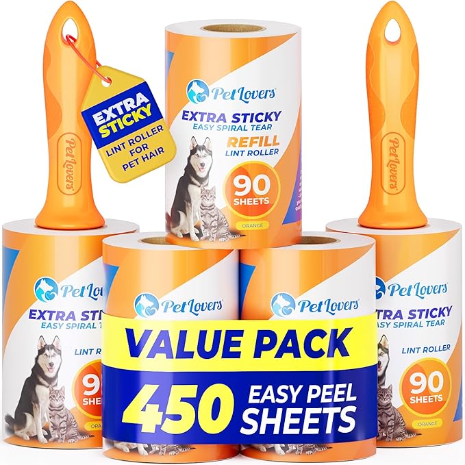 PetLovers Extra Sticky Lint Roller Mega Value Set 450 Sheets for Pet Hair Removal and Clothes, Dog and Cat Lint Remover 5 Pack Orange