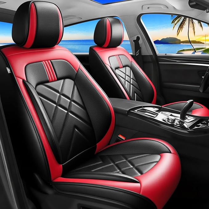 Car Seat Covers Fit for Mazda 3 2007-2026, Premium Leather, Full Coverage Leather Waterproof Breathable Seat Covers, Automotive Seat Protectors, Airbag Compatible(2 Front Seats, Black & Red)