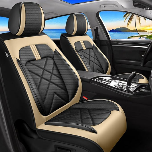 Car Seat Covers Fit for Mazda 3 2007-2026, Premium Leather, Full Coverage Leather Waterproof Breathable Seat Covers, Automotive Seat Protectors, Airbag Compatible(Full Set Seats, Black Beige)