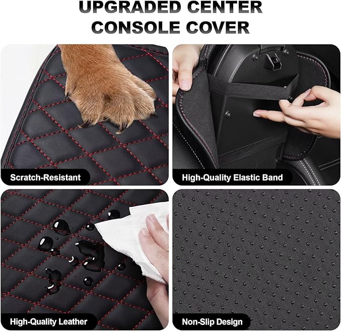 Upgraded Car Center Console Cover Fit for Tacoma Faux Leather Car Armrest Cover Cushion with 2 Storage Bags,Car Armrest Storage Box Interior Accessories(Black&Redline,F)