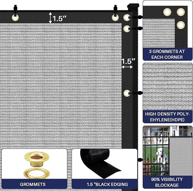 Windscreen4less Privacy Fence Screen Heavy Duty Windscreen Fencing Mesh Fabric Shade Net Cover with Brass Grommtes for Outdoor Wall Garden Yard Pool Deck, 8'x107' Light Gray