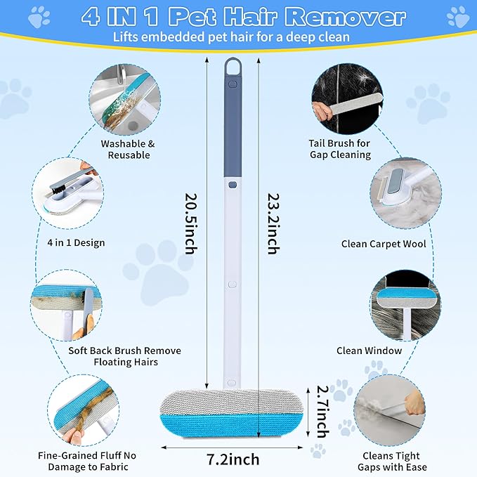 Pet Hair Remover for Furniture – 23.2Inch Reusable Dog & Cat Hair Removal Brush, Washable Lint Cleaner with Long Handle, 4-in-1 Pet Hair Remover for Couch, Carpet, Clothes & Bedding