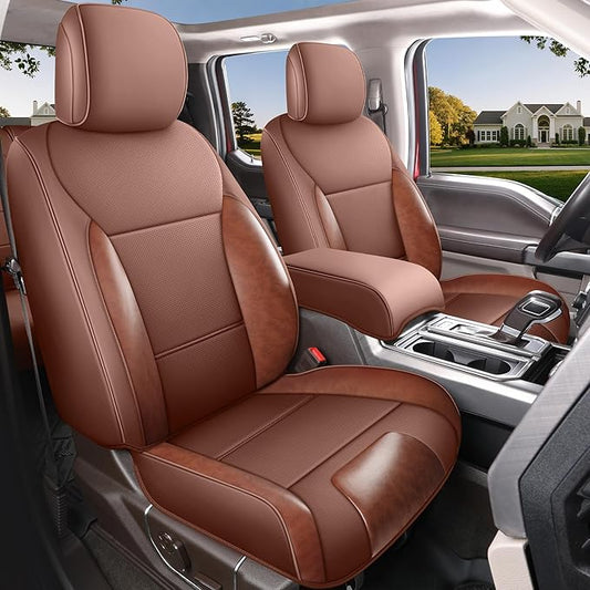 Red Rain Custom Fit for Ford F150 Super Crew/Crew Cab 2015-2025 XL XLT STX Brown and Orange Leather Car Seat Cover Full Set 5 Seater (F150-Brown+Orange)