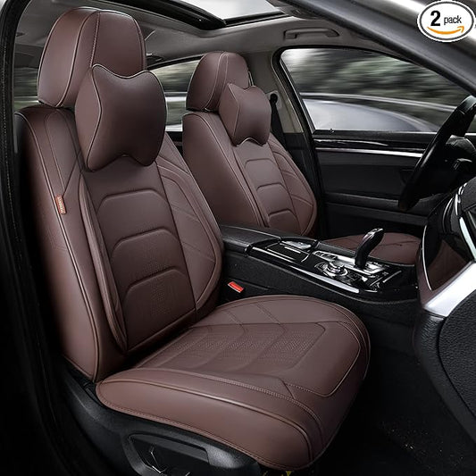 Brown Car Seat Covers Front Pair, Breathable Leather Automotive Front Seat Covers & Headrest for Reduce The Driving Fatigue, Compatible with Most Vehicles, Cars