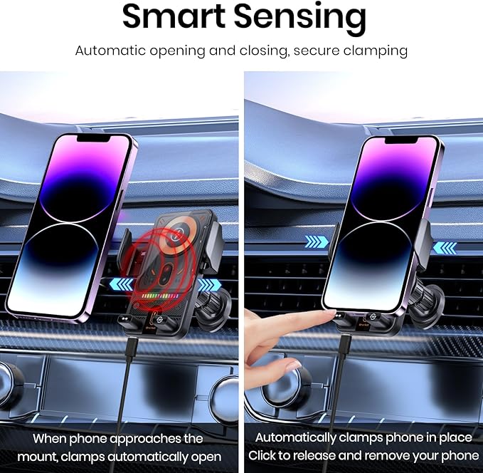 Car Phone Holder with 15W Wireless Car Charger, Car Vent Mount with Induction Opening and Closing, Air Vent Phone Stand with Horizontal and Vertical Screen Rotation Adjustment for iPhone - Blcak