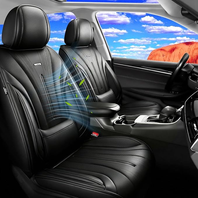 Fit Equinox Car Seat Covers for Select Chevrolet/Chevy Equinox 2007-2026 - Premium Full Coverage Leather, Airbag Compatible, Waterproof & All Weather Seat Cushion Protector, Full Set, Black