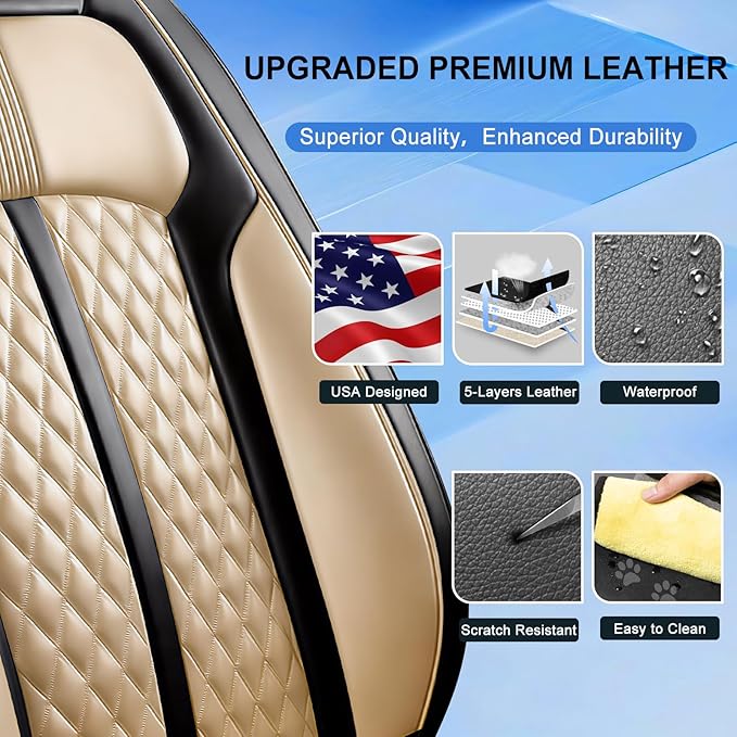 Car Seat Covers for Select Honda Fit 2007-2020, Premium Full Coverage Leather, Airbag Compatible& Scratch-Resistant, Waterproof & All Weather Breathable Seat Protector, Full Set, Black+Beige