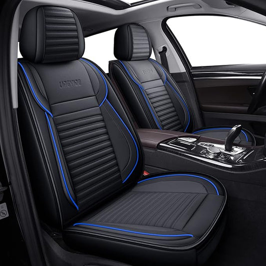 LINGVIDO Full Set Car Seat Covers, Faux Nappa Leather, Airbag Compatible and Waterproof Protectors for Sedans SUVs, Breathable Interior for Active Families, Pets, and Commuters (5 Seats, Black/Blue)