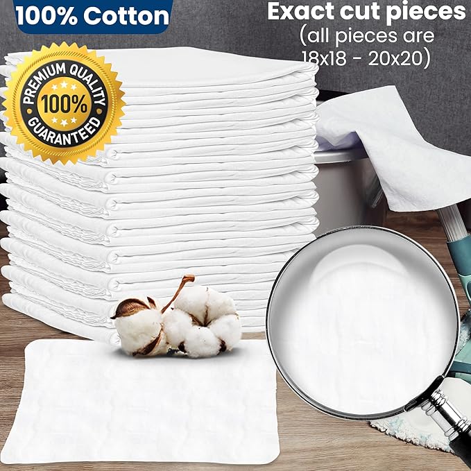 Nabob Wipers New Lint Free Cloth (300 Pack) - 100% Cotton Cleaning Rags Exact Cut - Premium White Rags for Cleaning House - White Rags for Dusting, Staining, Polishing, Painting 18"x18"