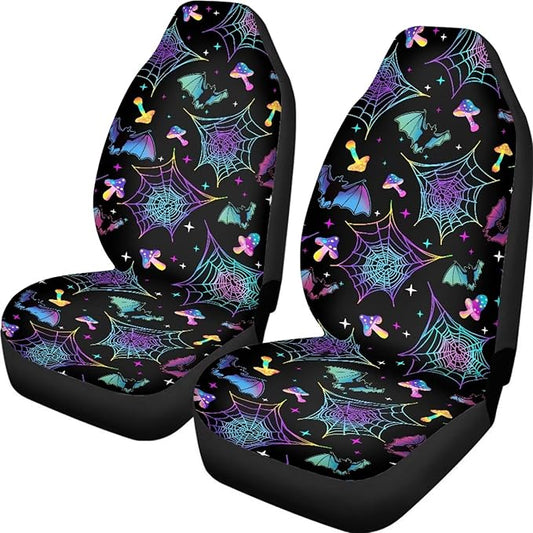 Bat Spiderweb Mushroom Car Front Seat Covers Full Set of 2,Universal Bucket Seats Protector,Fit for Most Vehicles
