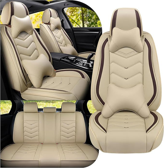 Car Seat Covers Fit for Toyota rav4 2000-2026, Stylish Sport Seat Covers, Waterproof Wear-Resistant Premium Nappa Leather Car Seat Cover.(Full Set with Pillow/Beige)