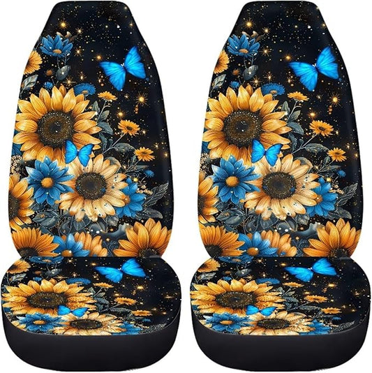 BIGCARJOB Sunflower Car Accessories Sets 2 Pcs Auto Front Seat Protector Butterfly Print Car Seat Cover Sets for Womens Girly Cute Car Interior Seat Cushion Pads