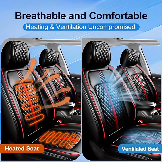 Fit RAV4 Car Seat Covers for Select Toyota RAV 4 2013-2025 2026 /RAV4 Hybrid - Premium Full Coverage Leather, Airbag Compatible, Waterproof & All Weather Seat Protector, Full Set, Red Trim