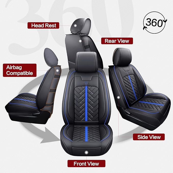 Tomatoman Tacoma Car Seat Covers Compatible with Toyota Tacoma 2005-2023 2024 2025 2026 Truck Access Double Crew Cab TRD Pro Trail Edition Off-Road Waterproof Leather Cushions(2PCS Front/Black-Blue)