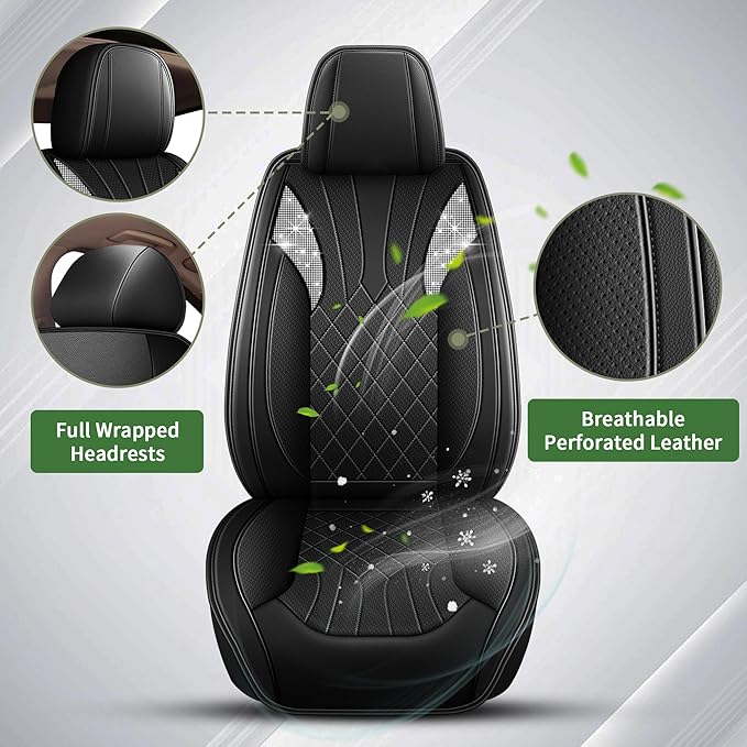 Bling Diamond Embroidered Seat Covers for Nissan Rogue Sport 2017-2022, Full Set 5 Seats, Sparkle Rhinestone Breathable Perforated Faux Leather Car Seat Covers for Women (Black)