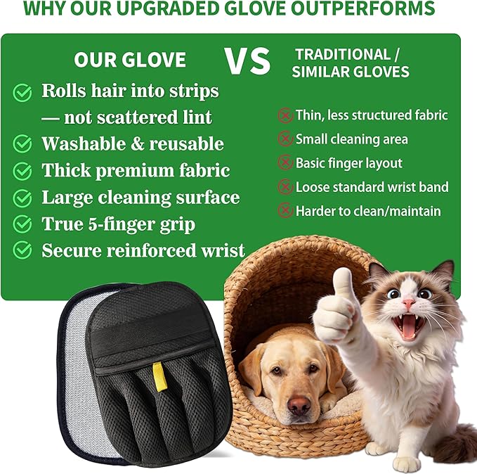 2PCS Pet Hair Removal Glove for Dogs & Cats- Upgraded 10mm Thickened Electrostatic Magic Brush- Pet Hair Remover Glove for Couch, Furniture, Clothes, Car & Carpet, Reusable Pet Hair Removal Tool