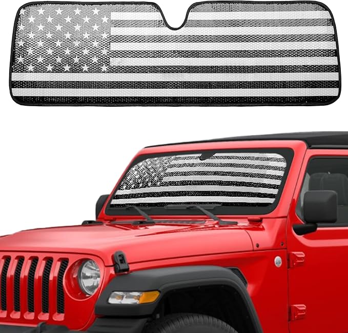 Windshield Sun Shade Compatible with Jeep Wrangler JK JKU JL JLU 1997-2023 & Jeep Gladiator JT 2020-2023 16.5"x52.5" Folding Front Window Sun Shade for Car Accessories (American Flag)