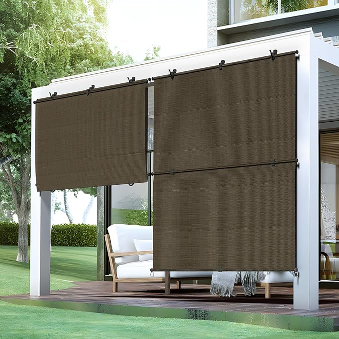 Bynbbur 8'W x 6'H Outdoor Patio Shades Foldable Roller Blinds, 220 GSM Sun Shade Roll Up Porch Screens Exterior Shade Cloth for Deck Pergola Backyard, Brown