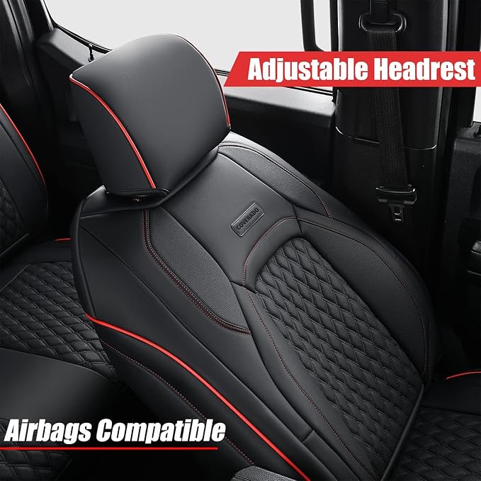 Coverado JK Seat Covers for Jeep Wrangler, Custom Fit for Pickup Truck Jeep Wrangler Seat Covers 2/4 Door, Waterproof Leather Car Seat Covers Cushions for Jeep Wrangler Accessories 2013-2017(Red Line)