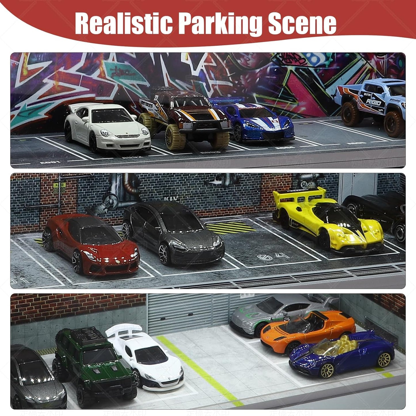 Display Case for Hot Wheels: Stackable Parking Garage for 1/64 Scale Matchbox Toy Car, Foamboard Storage for Monster Trucks with LED Light and Acrylic Cover, Supply Store