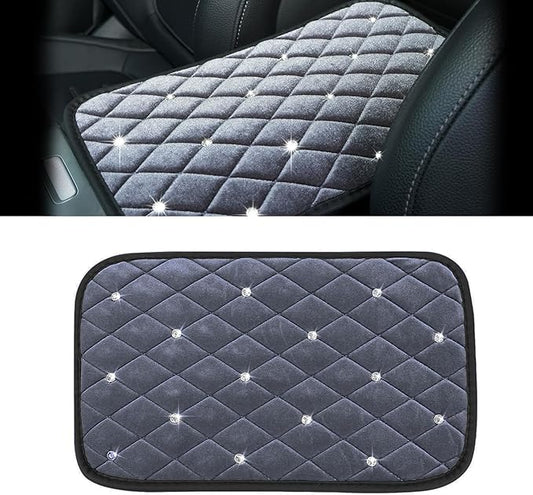 Bling Car Center Console Cover, Soft Fluffy Armrest Seat Box Cushion Pad, Crystal Diamond Arm Rest Protection Mat, Automotive Interior Decoration Accessories for Most Vehicles (Gray)