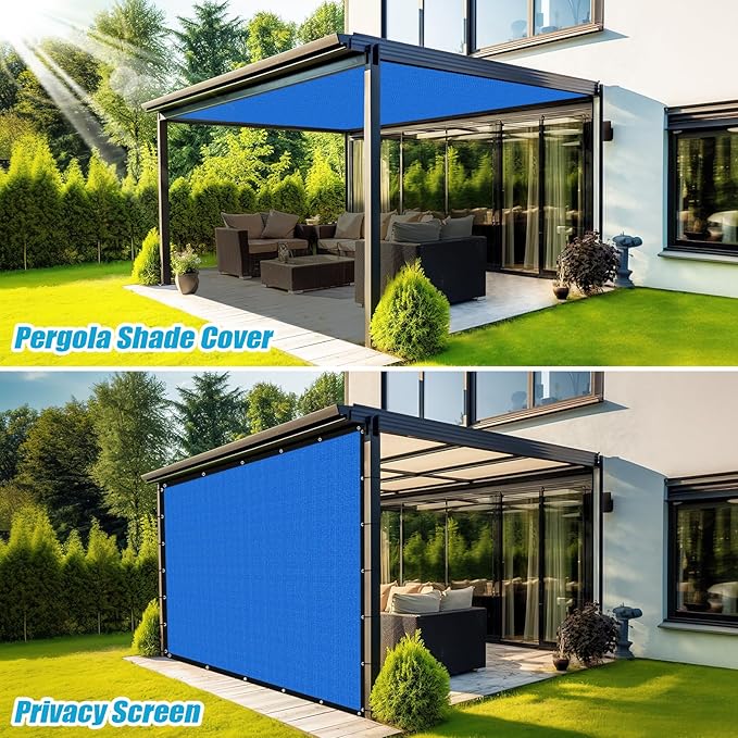 Amagenix 90% Pergola Shade Cover 7' X 11' Sun Shade Cloth with Grommets for Outdoor Garden Patio Porch, Commercial Grade 200 GSM - Cable Zip Ties Included (We Customized) GN108, Blue